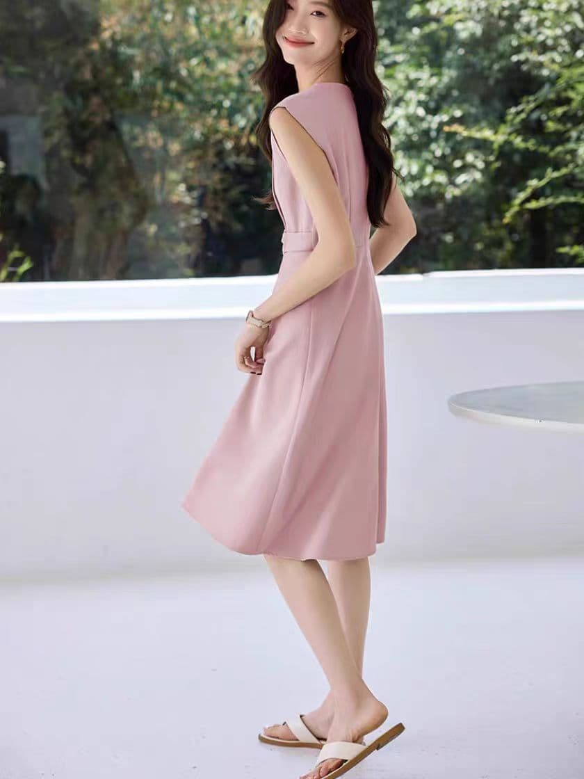 ロングワンピース 上品シャツワンピース夏新作ベルト付きベージュ