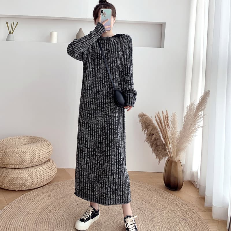 ロングワンピース ニット 縦縞柄リブニットロングワンピース