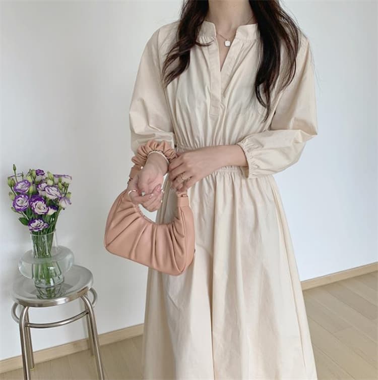 ロングワンピース 深襟シャツワンピース ウエストマーク ロング丈 上品シンプル