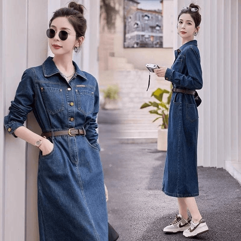 ロングワンピース デニム クラシカルレトロデニムワンピース