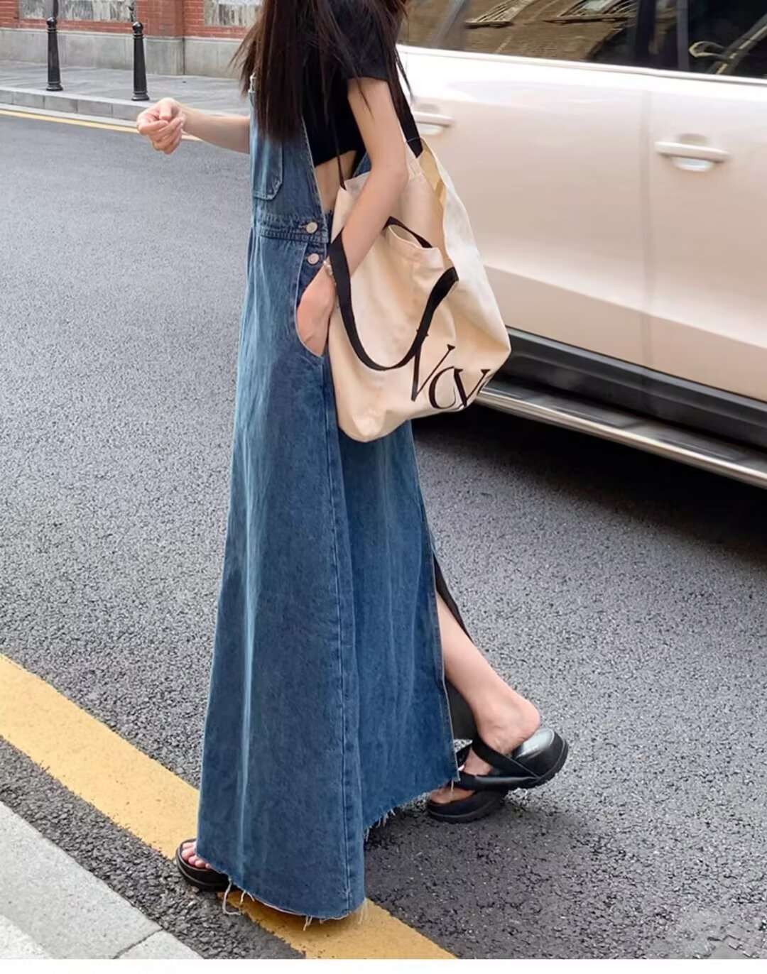 ロングワンピース ゆったりデニムサロペットワンピース
