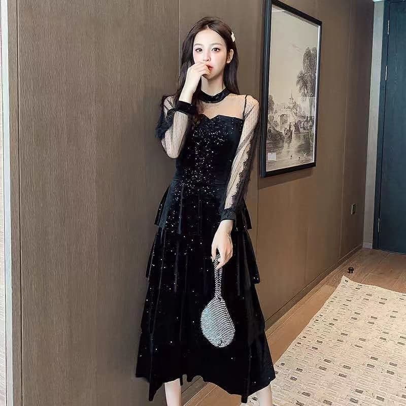 ロングワンピース レース 星屑輝くシアーレース切替ベルベット調ロングワンピース