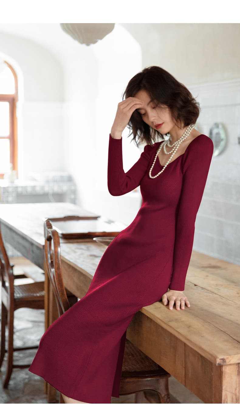 ロングワンピース ニット シンプル美シルエットリブニットワンピース