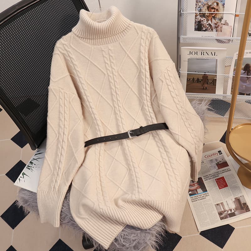 ワンピース ニット ケーブル編みタートルネックワンピース