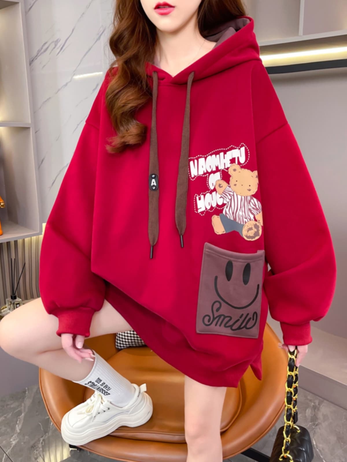 ワンピース スウェット くまさん刺繍ゆったりパーカー