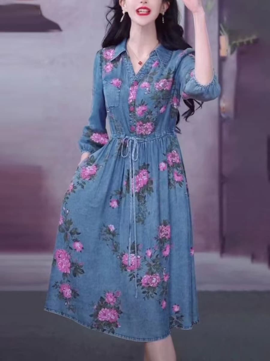 ロングワンピース 花柄デニムギャザーワンピース