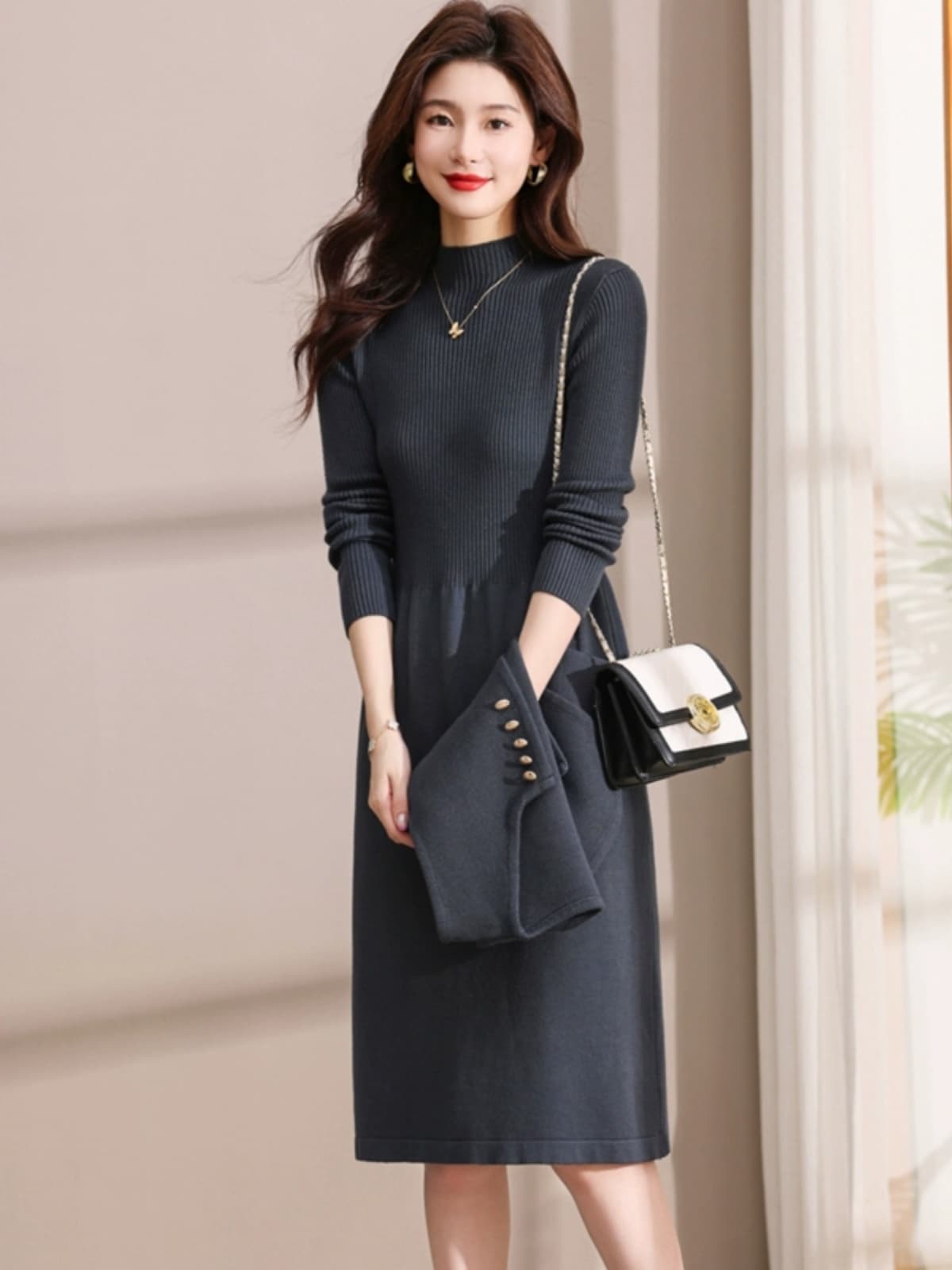 ロングワンピース ニット リブ編み切替すっきりロングワンピース