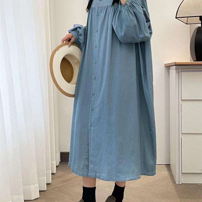 ロングワンピース ギャザーフリル襟 シャーリング ロングワンピース