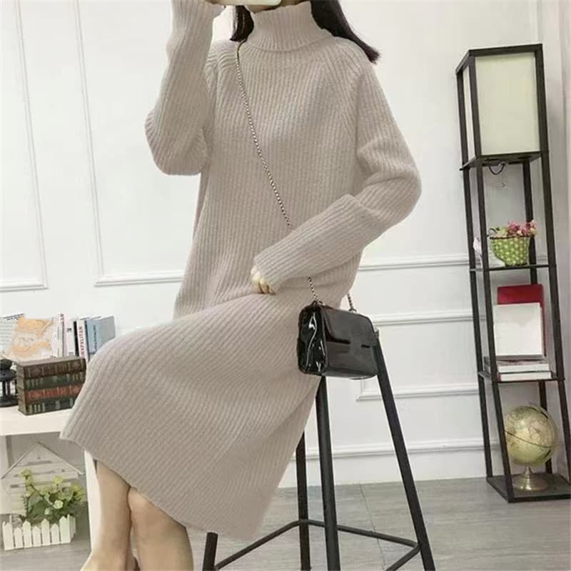 ロングワンピース タートルネックリブニットワンピース