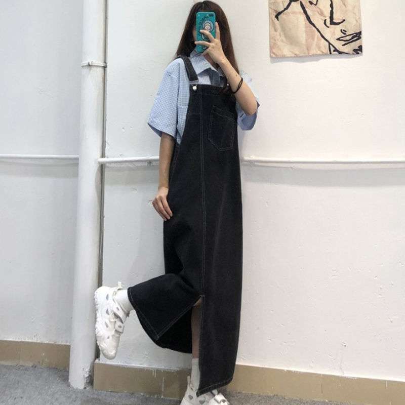 ロングワンピース ゆったりデザイン サロペット風 ワンピース
