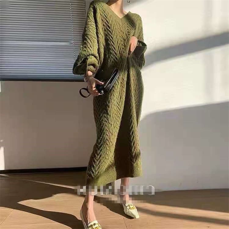 大きいサイズ ケーブル編み ニット ロングワンピース 秋冬 長袖