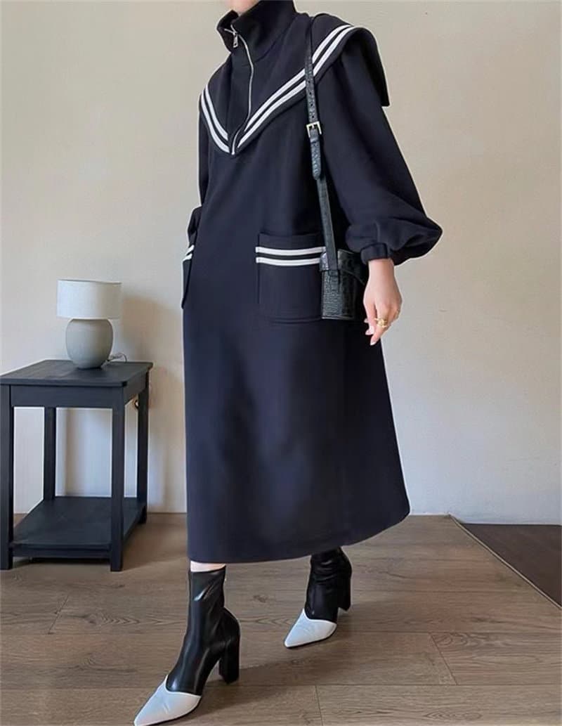 韓国風セーラー襟スウェットロングワンピース