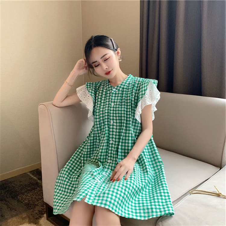ロングワンピース 緑色格子柄シャツワンピース上品ゆったり袖フリル付き
