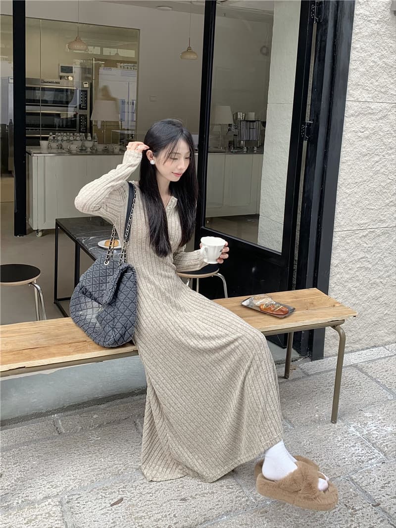 ロングワンピース リブ編みロマンチックワンピース