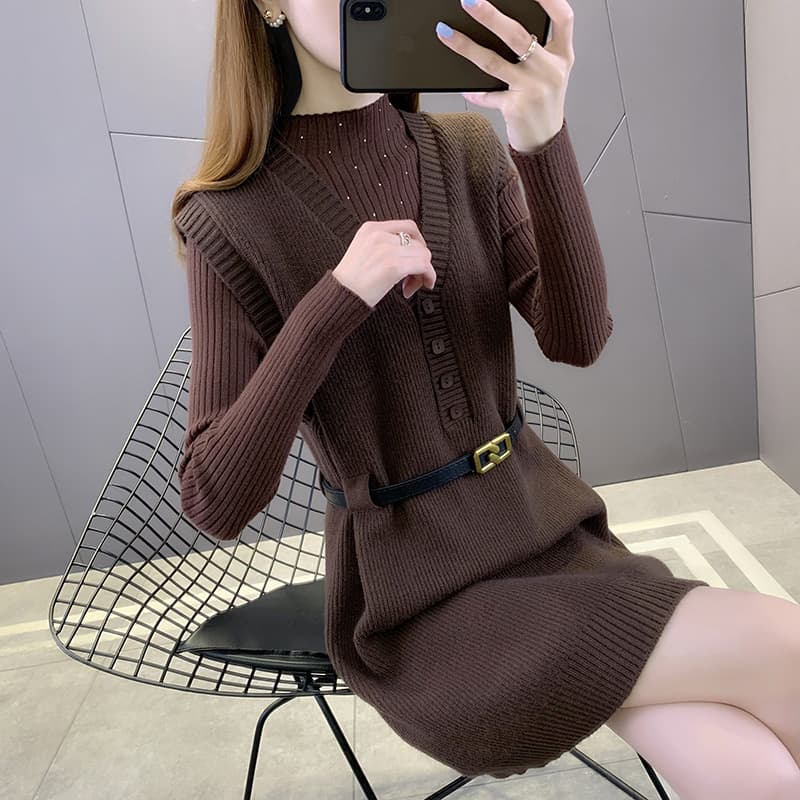 ロングワンピース ニット リブ編みハイネックニットワンピース