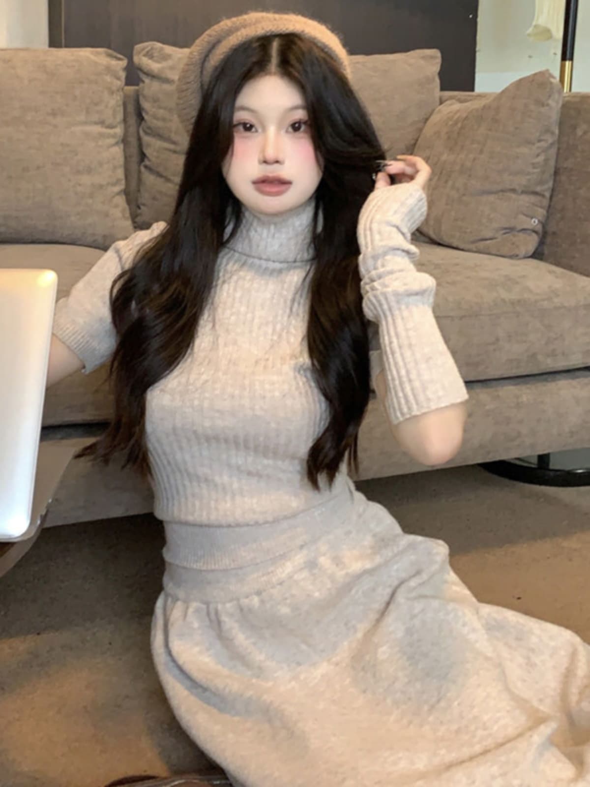 ロングワンピース　ニット リブニットふんわり袖ワンピース