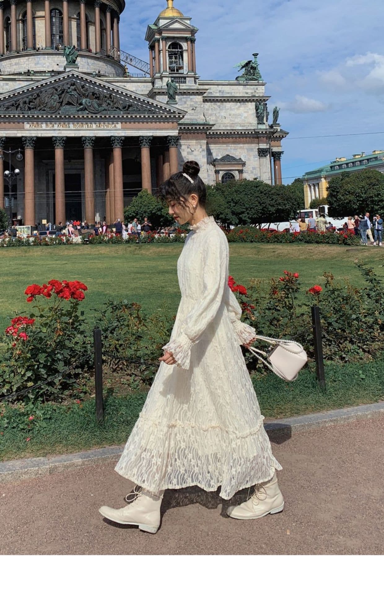 ロングワンピース レース編み花柄デザインワンピース