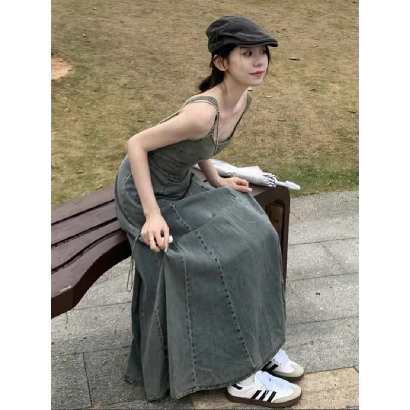 ロングワンピース ノースリーブデニム マキシワンピース