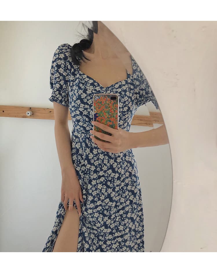 ロングワンピース シャツ 小花柄パフスリーブロングワンピース