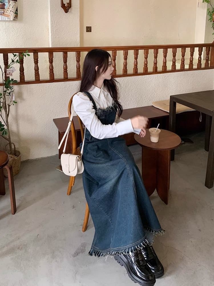 ロングワンピース ギャザーフリル デニムサロペットワンピース