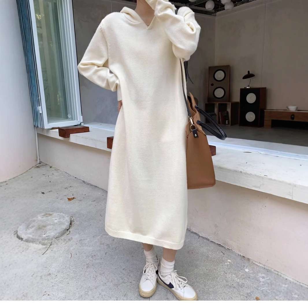 ロングワンピース カシミヤ混 リラックスフードワンピース