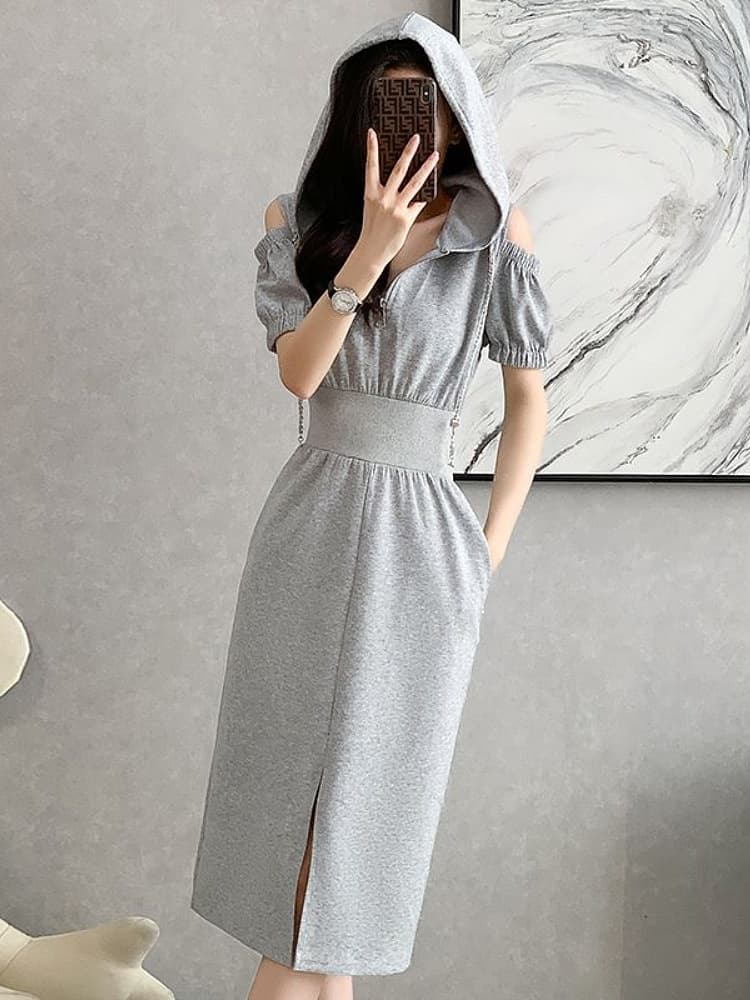 ワンピース スウェット フロントジップ ウエストマーク ミディ丈ワンピース