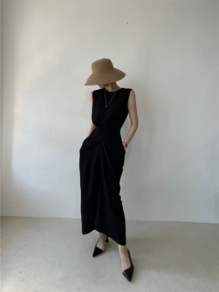 ロングワンピース 結び目デザイン ノースリーブ ロング丈 ワンピース