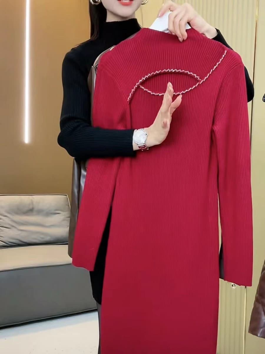 ロングワンピース ニット ビジュー装飾カットデザインニットワンピース