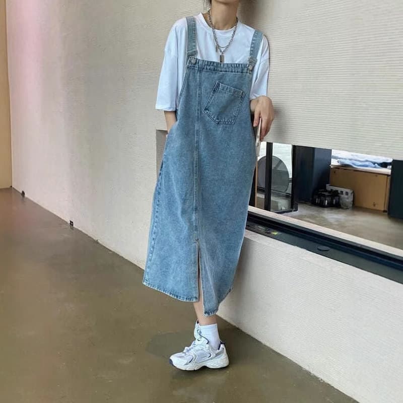 ロングワンピース ゆったりデニムサロペットワンピース