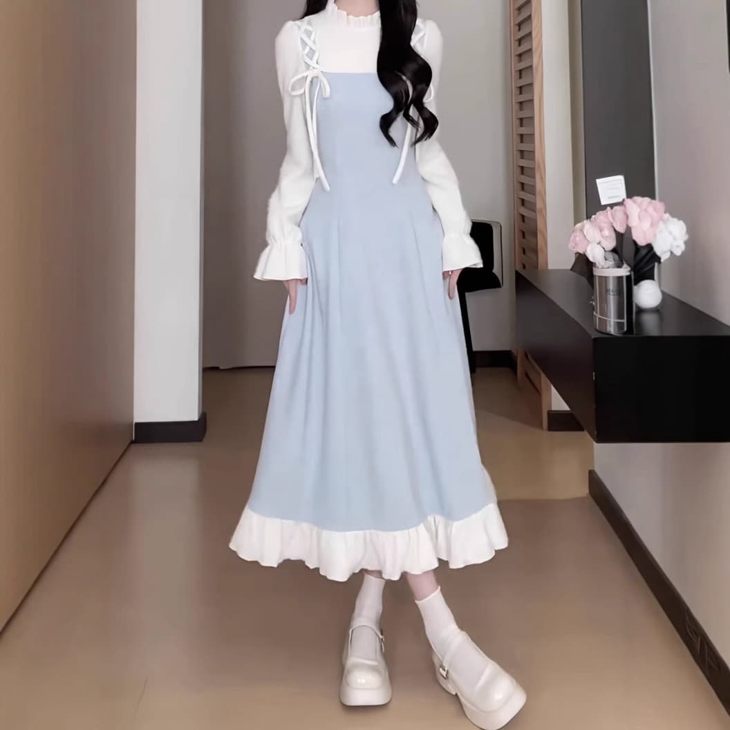 ロングワンピース 姫系リボンレース飾り付きティアードワンピース