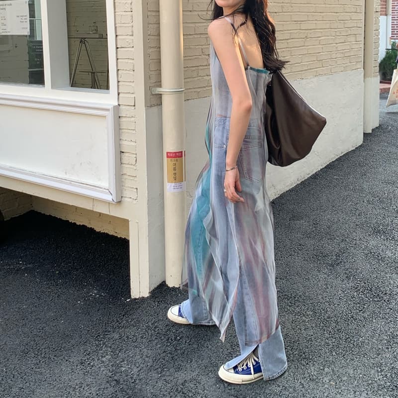 ロングワンピース レース 重ね透け感シフォン風マキシワンピース