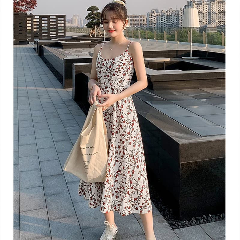 ロングワンピース キャミ 花柄プリント裾広がりキャミソールワンピース