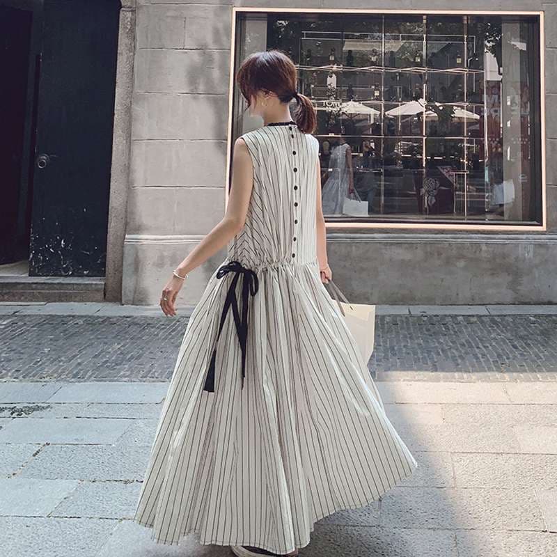 ロングワンピース シンプル細ストライプ ノースリーブマキシワンピース