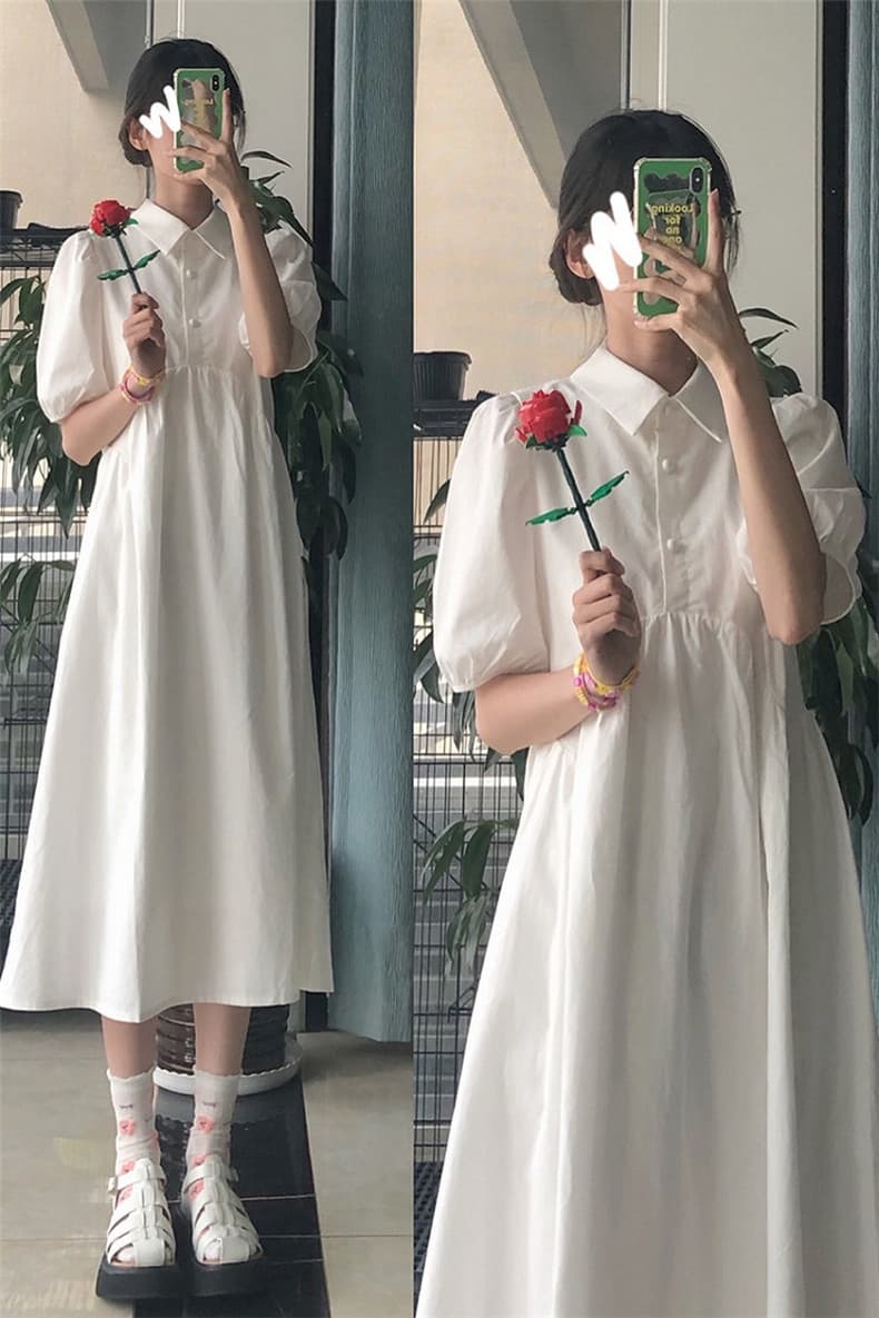 ロングワンピース シャツ パフスリーブ襟付きウエストギャザーシャツワンピース