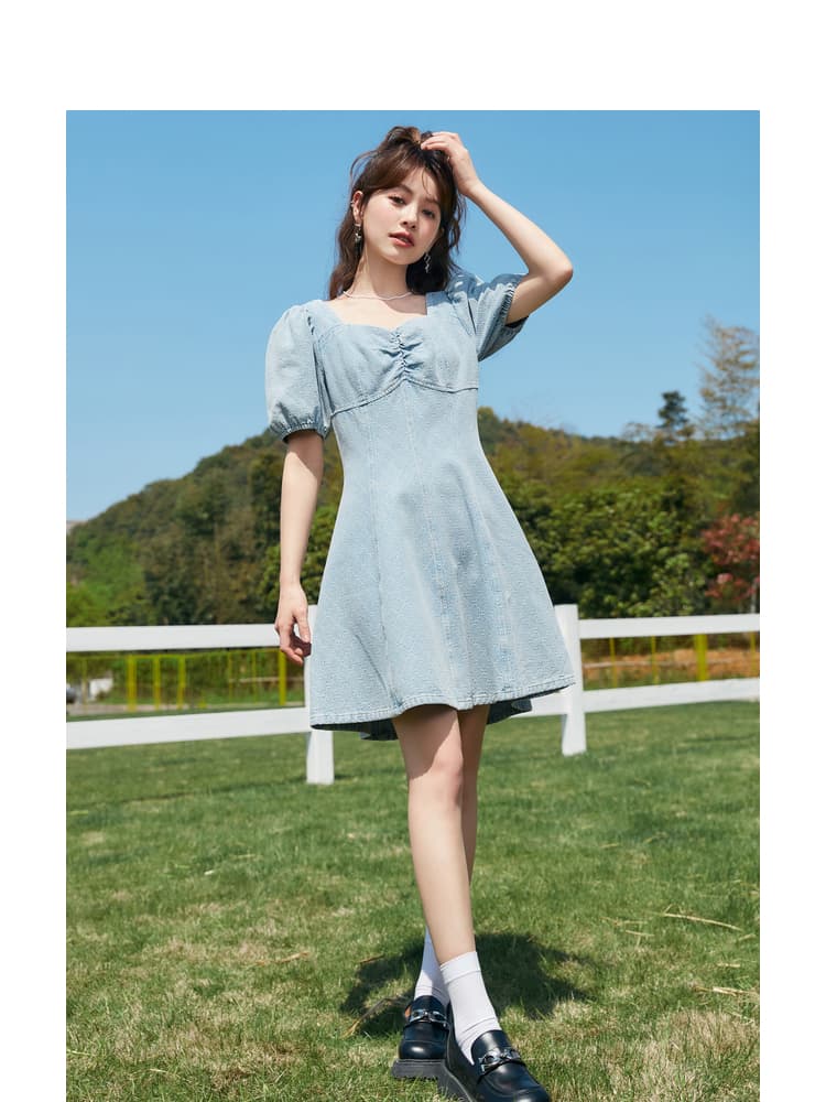 ワンピース デニム パフスリーブ優美デニムワンピース