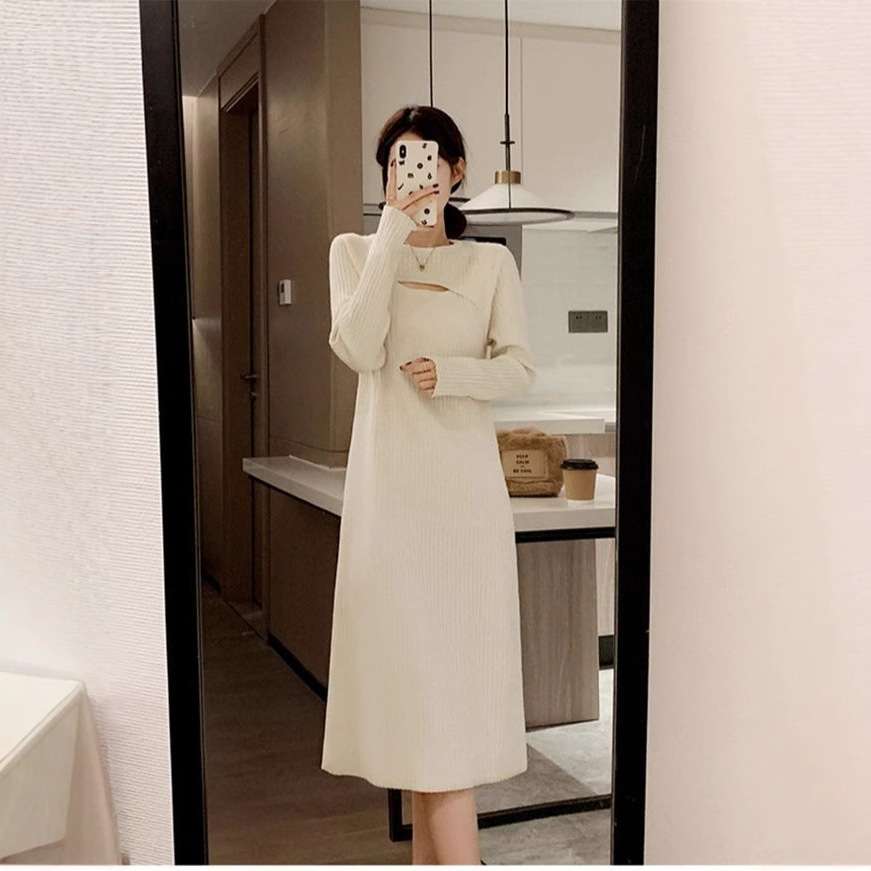 ロングワンピース 胸元透かしリブワンピース