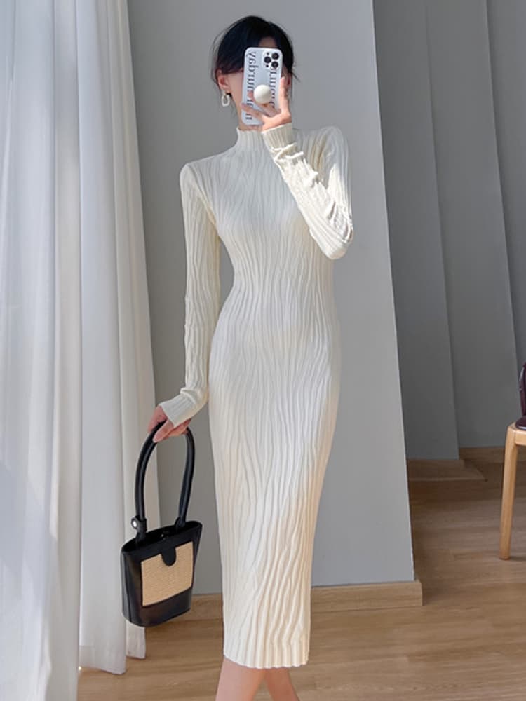 ロングワンピース ニット 縦リブ編み ハイネック スリムワンピース