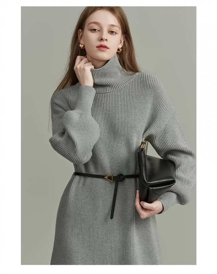 ロングワンピース タートルネック リブ編みウエストマークタートルニットワンピース