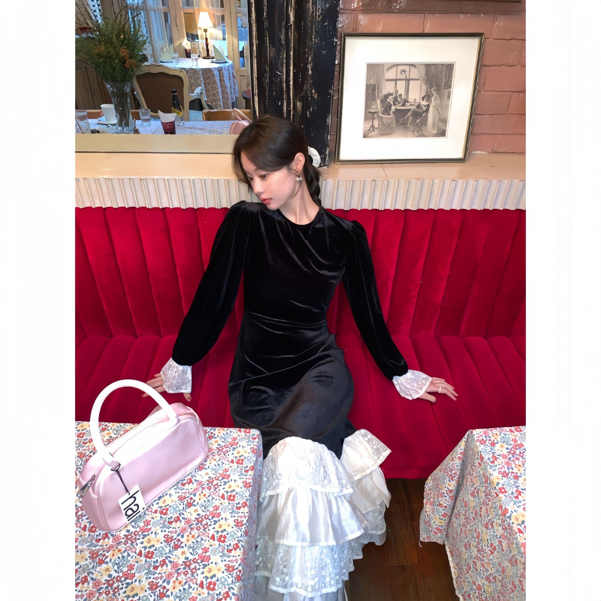 ロングワンピース ベルベットフリル重ね ロングドレス