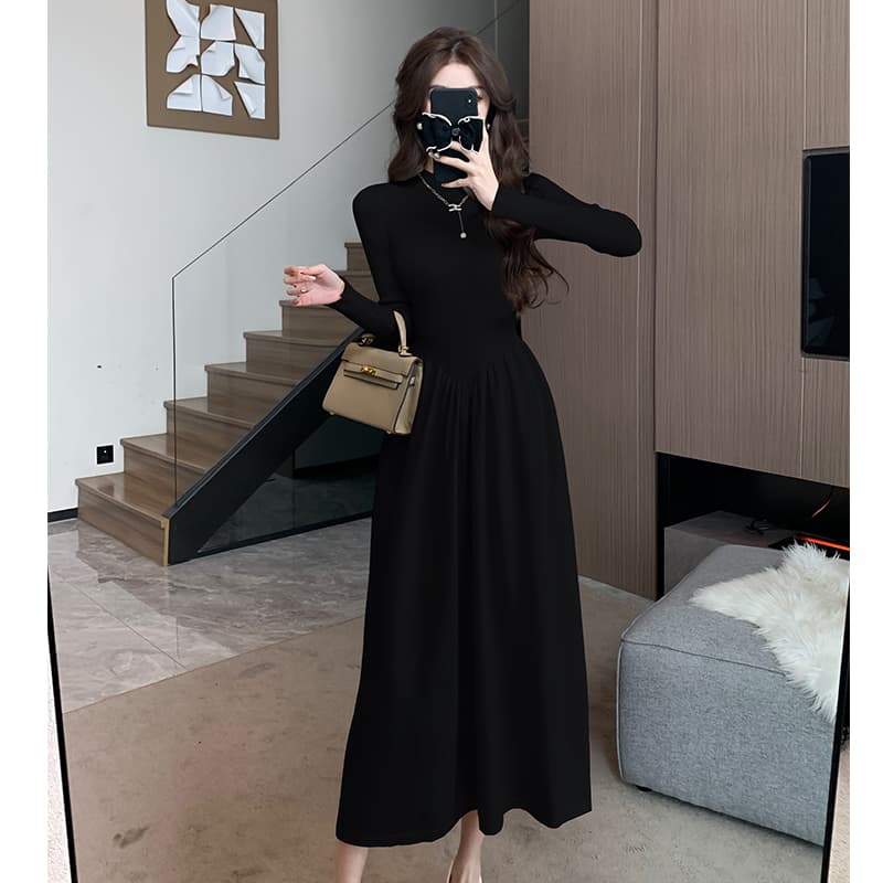 ロングワンピース ニット 上品シルエット リブニットロングワンピース