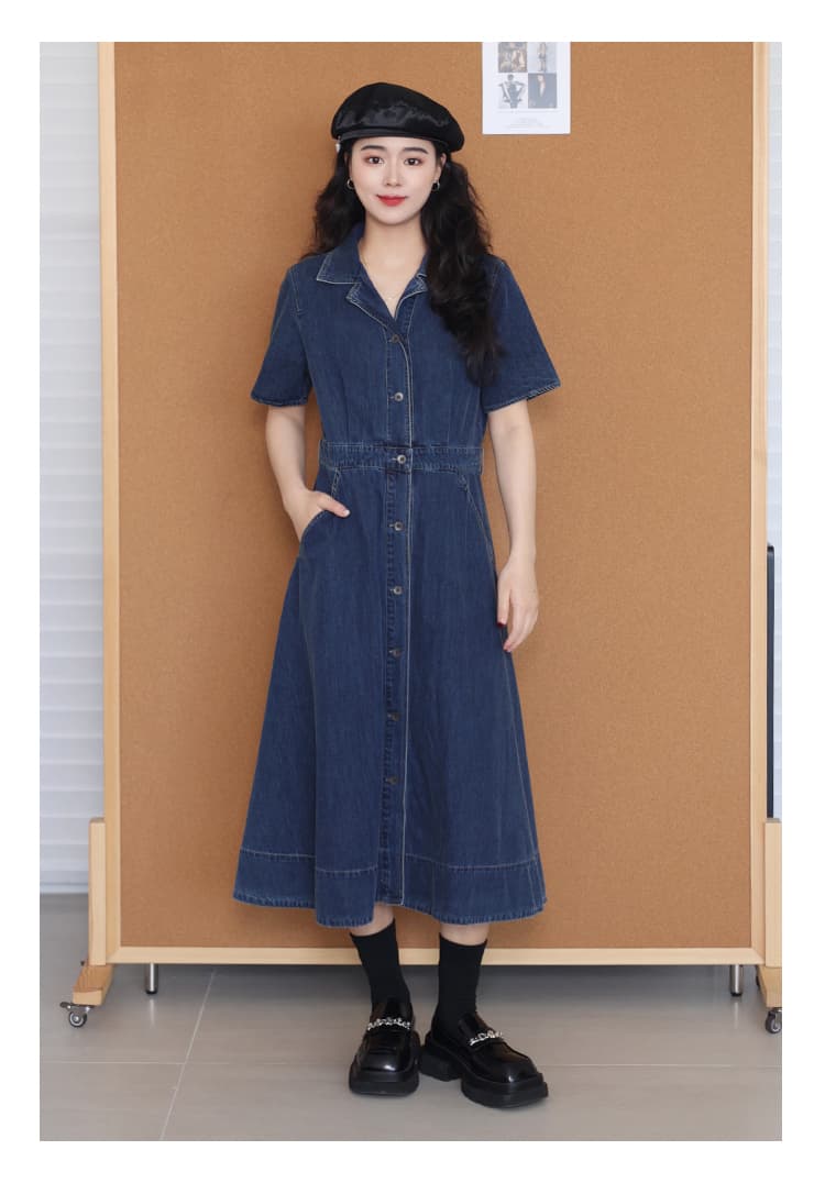 ワンピース デニム レトロ襟付き前開きデニムワンピース