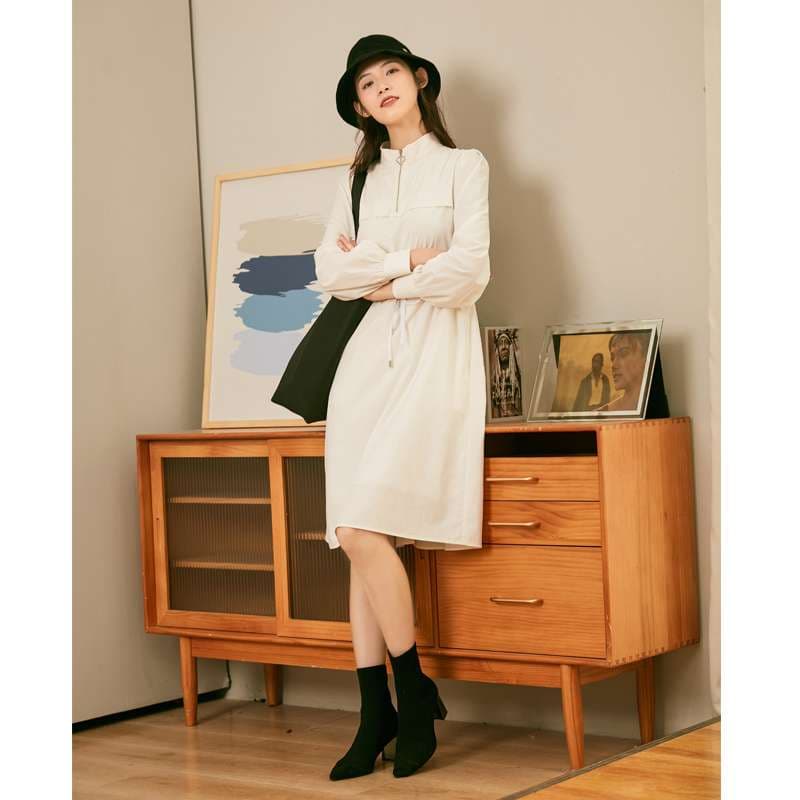 ロングワンピース 優美なギャザースリーブ シャツワンピース