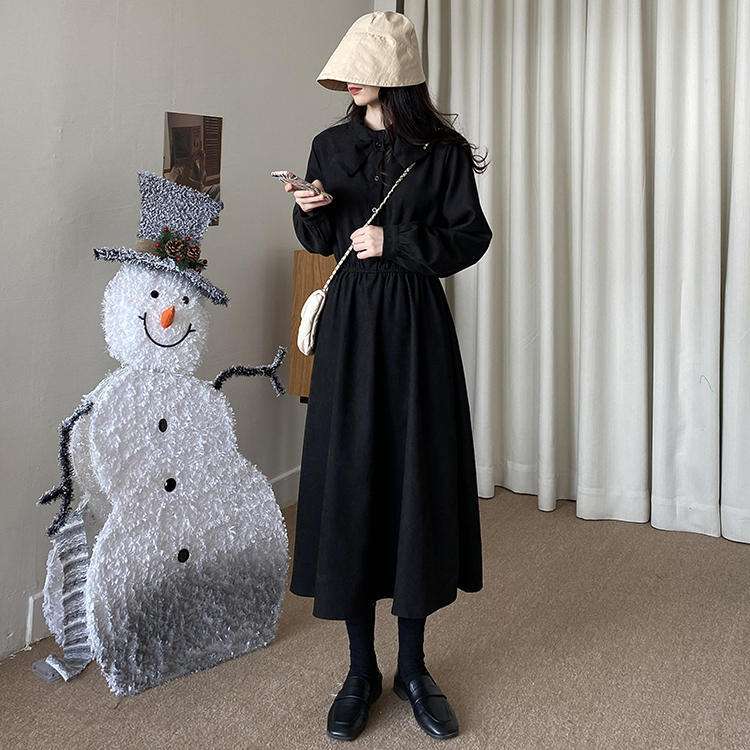 ロングワンピース シンプル襟付きギャザーワンピース