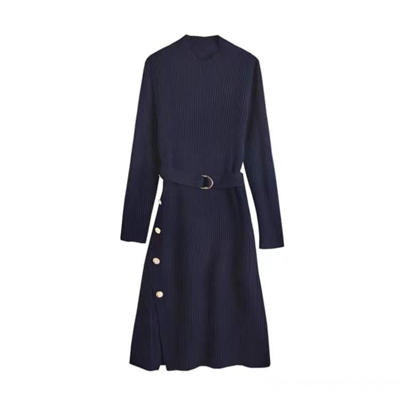 ロングワンピース 韓国風リブニットワンピース長袖ベルト付き