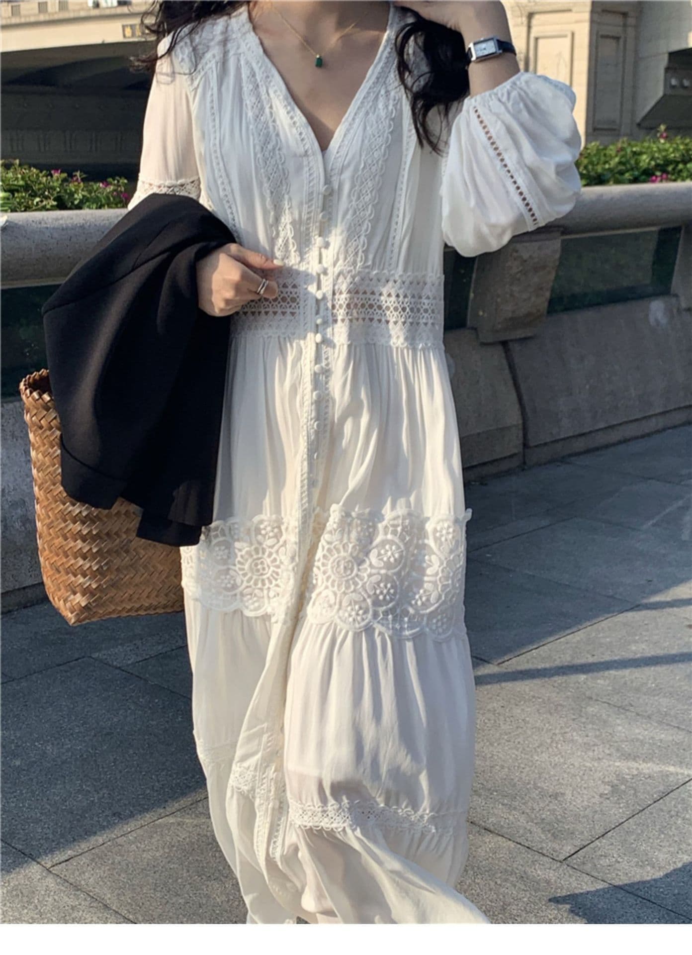 ロングワンピース 優美なレース切替フェミニンマキシワンピース