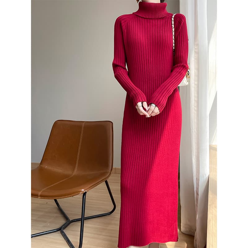 ロングワンピース ニット リブ編みタートルネックロングワンピース