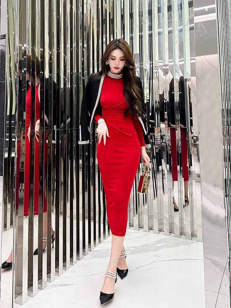 ワンピース ニット シンプル長袖ボディコンワンピース