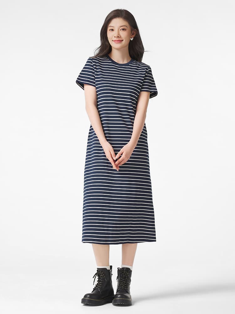 ワンピース ニット シンプル半袖ボーダーワンピース