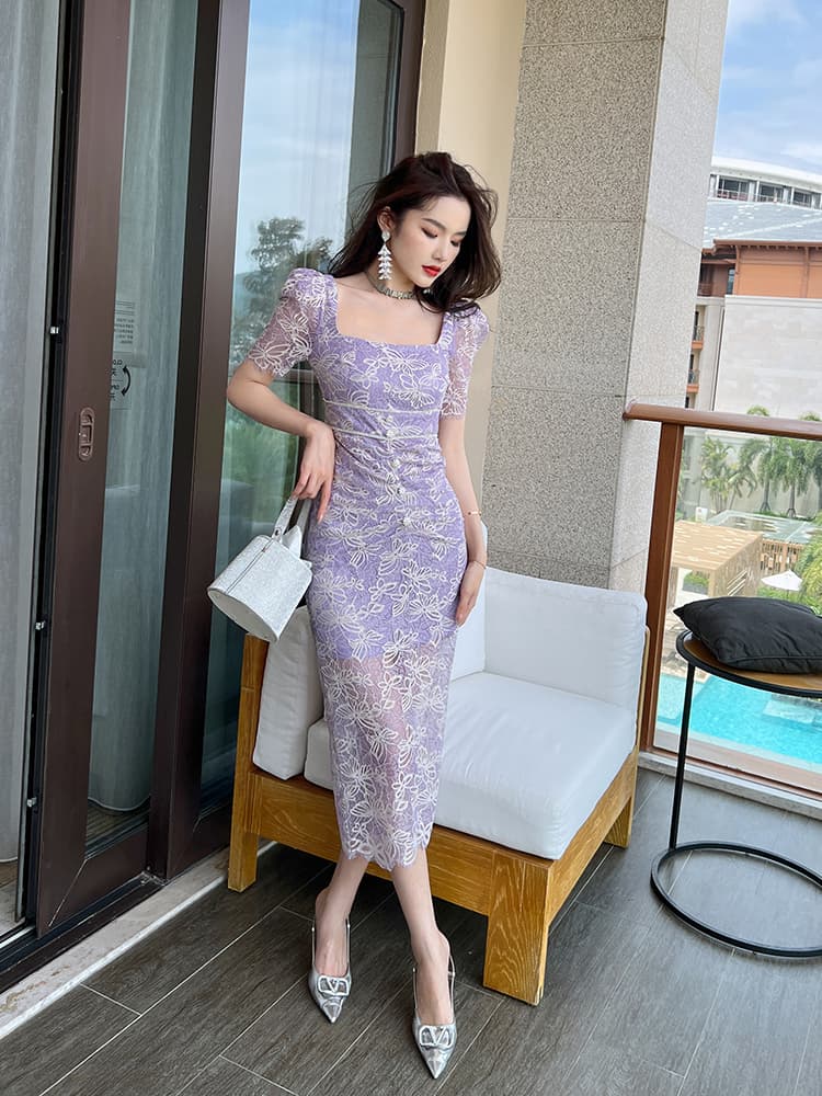ロングワンピース レース 花柄レース編み メイドミディ丈ワンピース