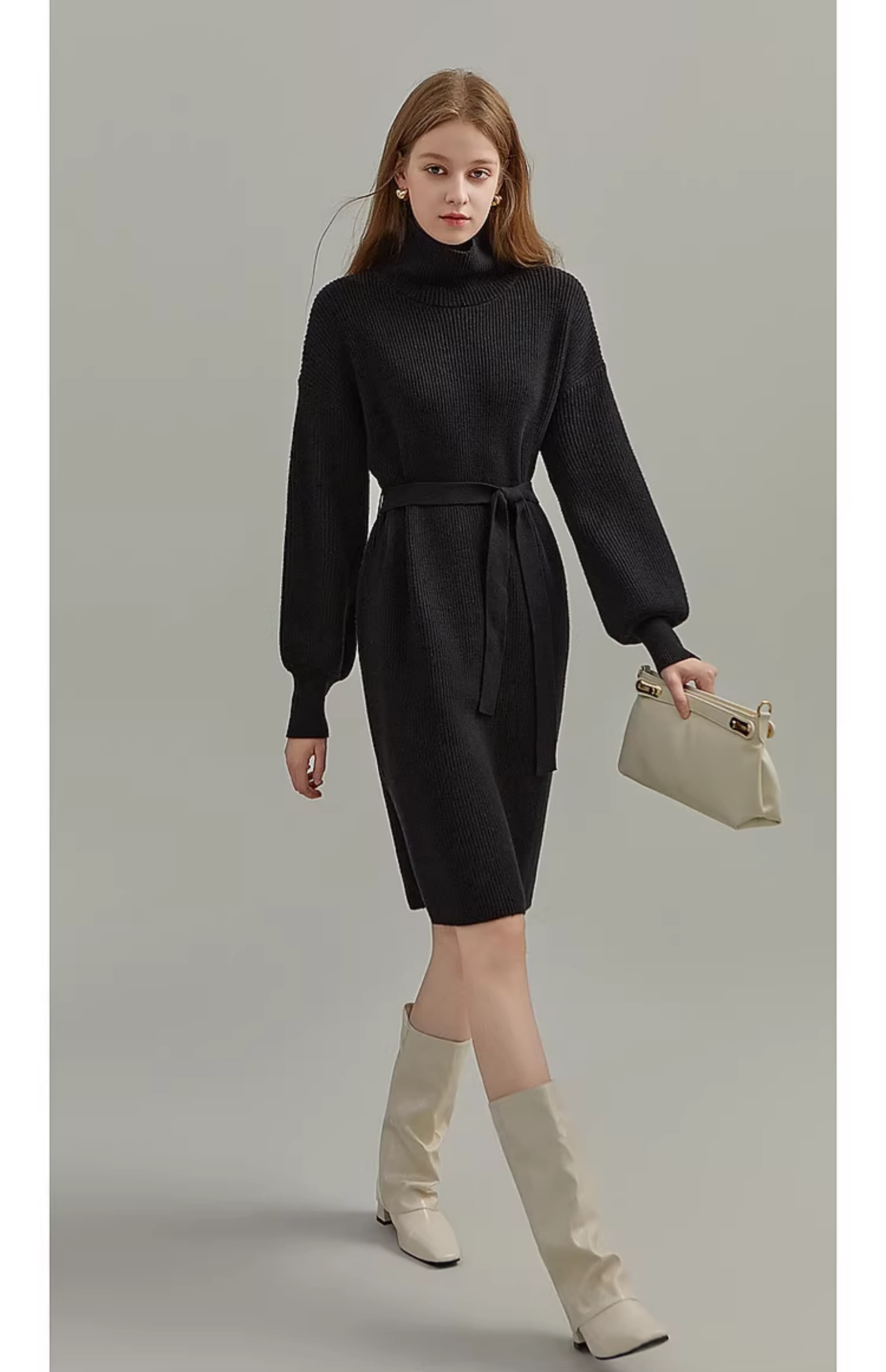ワンピース タートルネック リブ編みベルト付きタートルネックワンピース